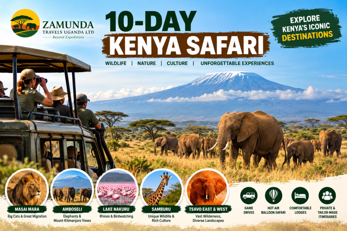 10-Day Kenya Safari with Zamunda Travels featuring elephants, a safari vehicle, Mount Kilimanjaro and Kenya's iconic wildlife