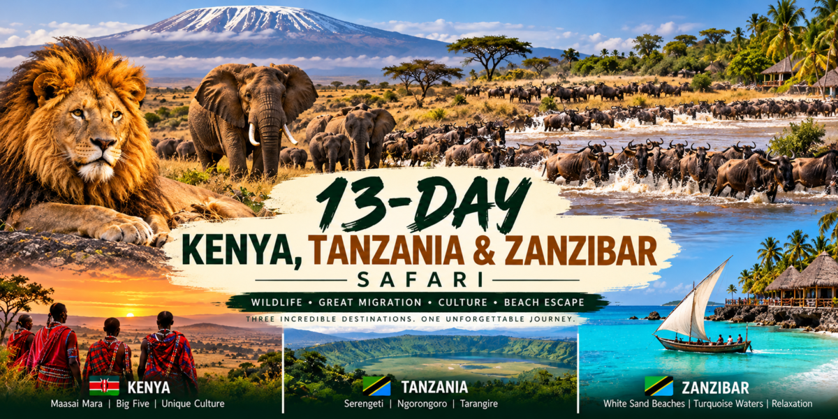 13-Day Kenya, Tanzania and Zanzibar Safari featuring lions, elephants, the Great Wildebeest Migration, Maasai culture, Serengeti landscapes and Zanzibar beaches.