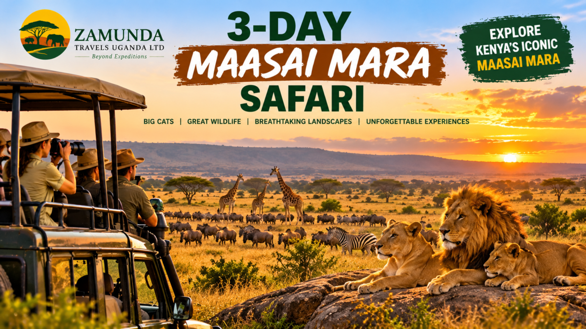 3-Day Maasai Mara Safari in Kenya featuring lions, giraffes, zebras, wildebeest and a safari vehicle exploring the African savannah.