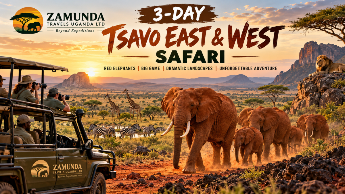 3-Day Tsavo East & West Safari in Kenya featuring red elephants, lions, giraffes, zebras and a safari vehicle exploring beautiful African landscapes.