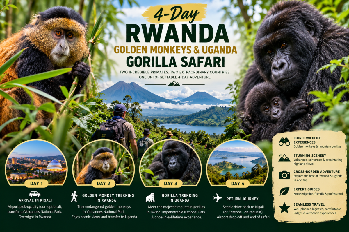 Golden monkey in Rwanda and mountain gorillas in Uganda on a 4-day primate safari with Zamunda Travels.