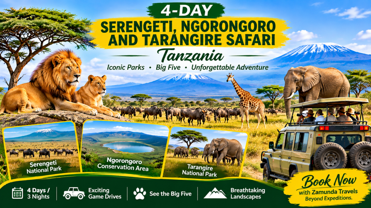 4-Day Serengeti, Ngorongoro and Tarangire Safari in Tanzania featuring lions, elephants, wildebeest and exciting wildlife game drives.