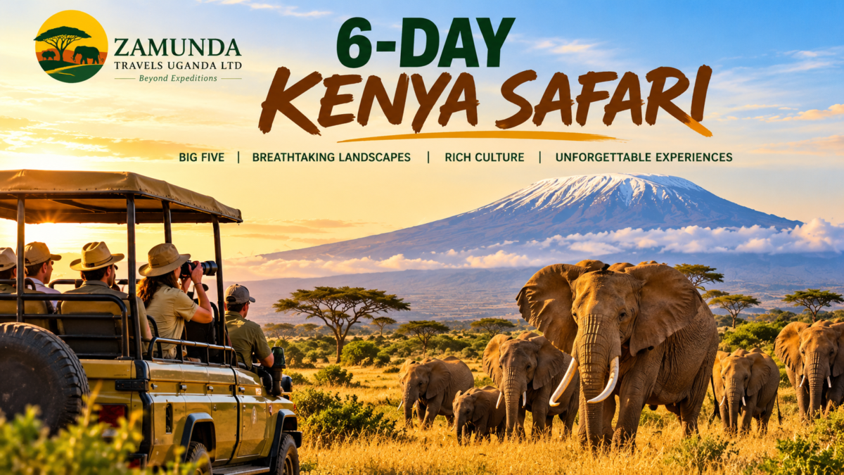 6-Day Kenya Safari with Zamunda Travels featuring African elephants, a safari vehicle, Mount Kilimanjaro and Kenya's beautiful savannah.