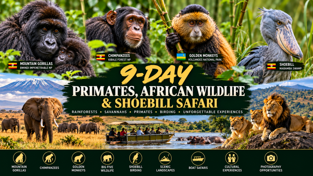 9-Day African wildlife and primate safari featuring mountain gorillas, chimpanzees, golden monkeys, elephants, lions and the rare shoebill bird.