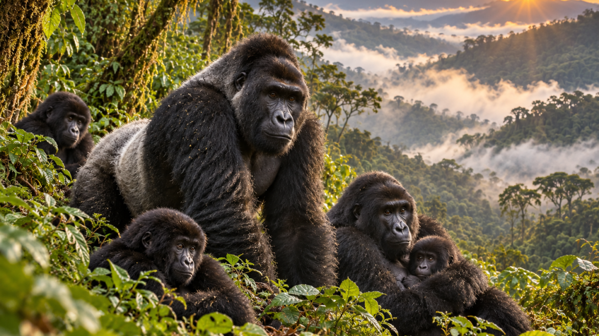 Mountain gorilla family in a misty Ugandan rainforest, illustrating a Christmas and New Year safari in Uganda