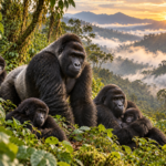 Mountain gorilla family in a misty Ugandan rainforest, illustrating a Christmas and New Year safari in Uganda