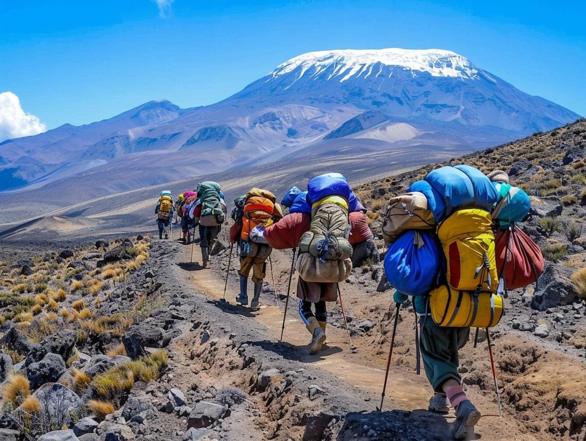 Professional Kilimanjaro mountain guides and porters supporting a trekking expedition in Tanzania.