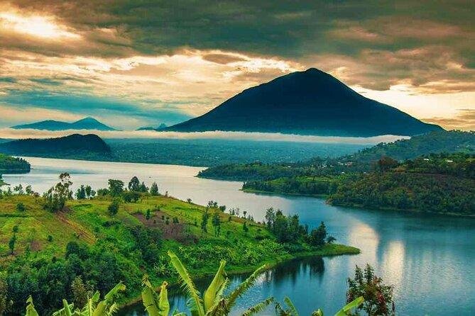 Twin Lakes of Burera and Ruhondo surrounded by green hills and volcanic mountains in Rwanda.