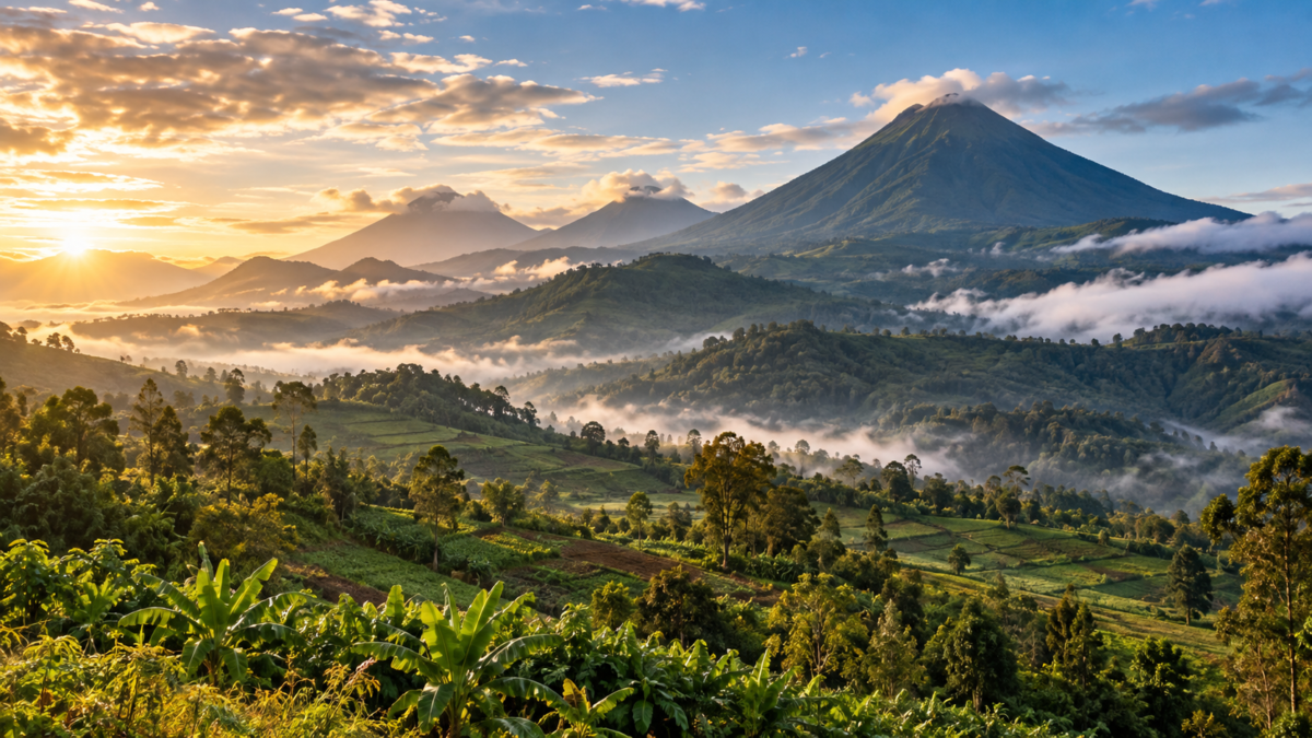 Misty volcanic peaks above green foothills in a Rwanda-inspired landscape at sunrise.