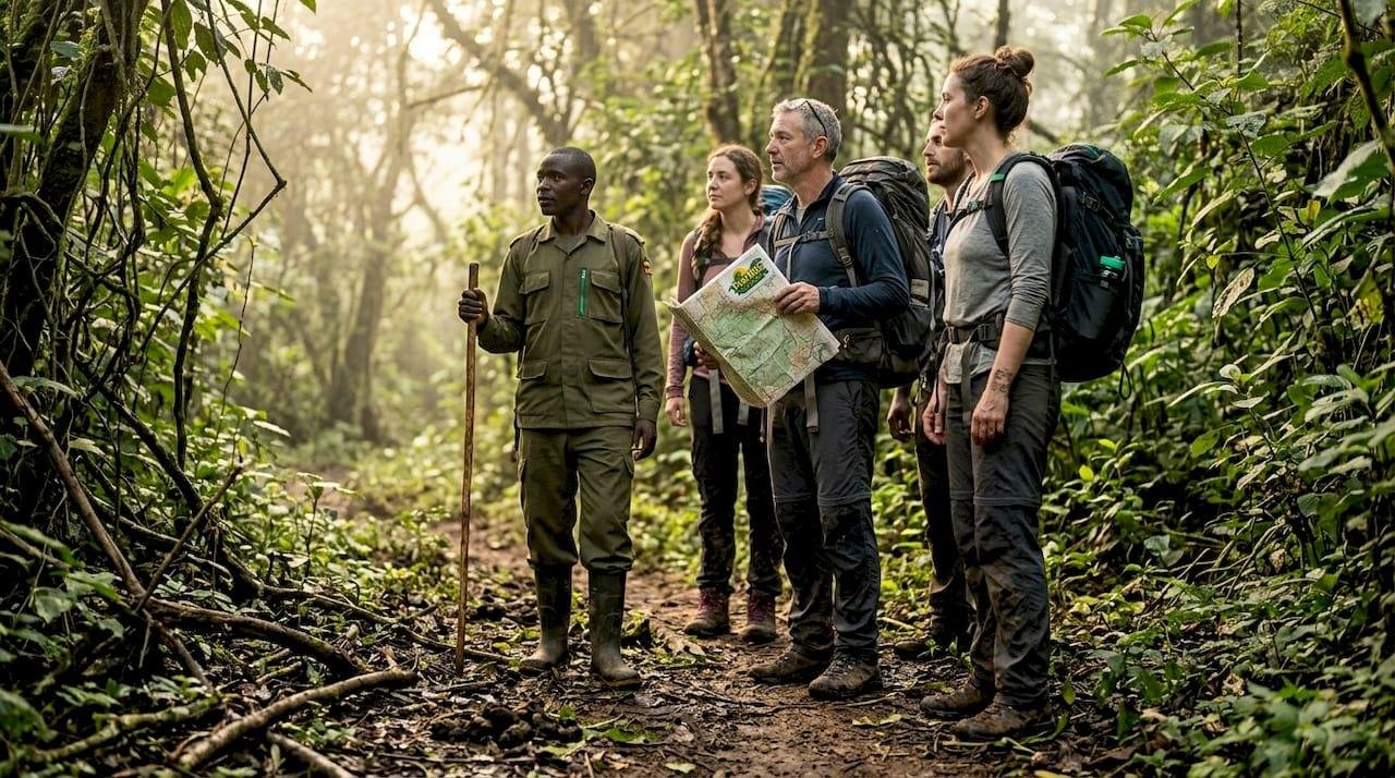 Visitors hiking through dense Bwindi rainforest with a gorilla trekking ranger.