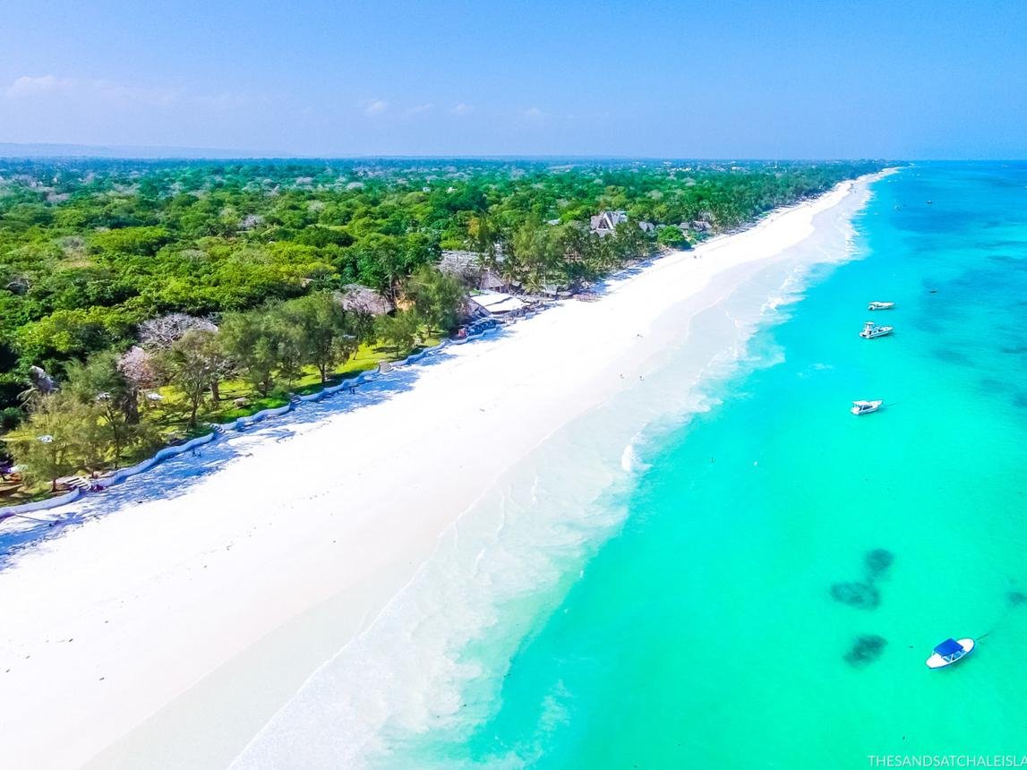 Diani Beach in Kenya with white sand and turquoise Indian Ocean water