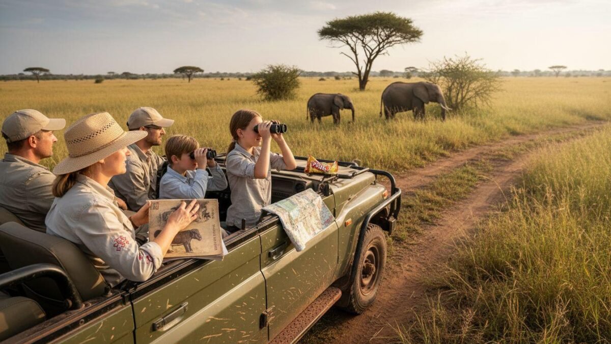 Family with children enjoying an African wildlife safari and watching elephants from a safari vehicle.