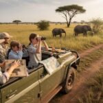 Family with children enjoying an African wildlife safari and watching elephants from a safari vehicle.