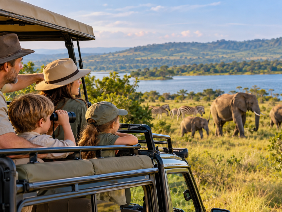 Family enjoying a wildlife safari in Akagera National Park, Rwanda, watching elephants, zebras and giraffes.