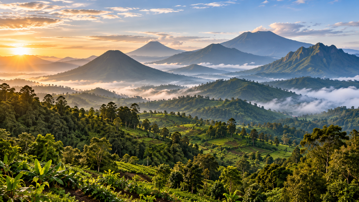 Illustrated volcanic peaks above misty valleys and green foothills, inspired by Rwanda’s Virunga Mountains.