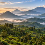 Illustrated volcanic peaks above misty valleys and green foothills, inspired by Rwanda’s Virunga Mountains.