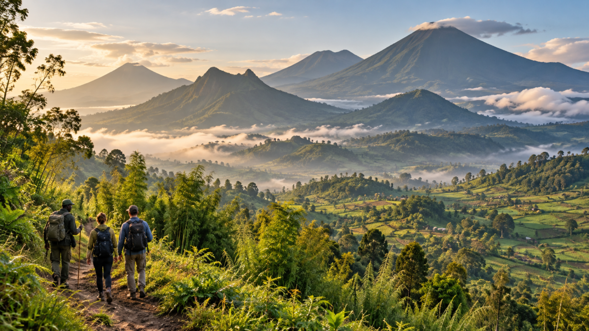AI-generated illustration of hikers overlooking misty volcanic mountains and green foothills inspired by Rwanda’s Virunga landscape.