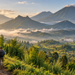 AI-generated illustration of hikers overlooking misty volcanic mountains and green foothills inspired by Rwanda’s Virunga landscape.