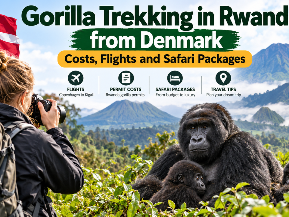 Gorilla trekking in Rwanda from Denmark featuring mountain gorillas, a Danish tourist, and the volcanic landscape of Volcanoes National Park.