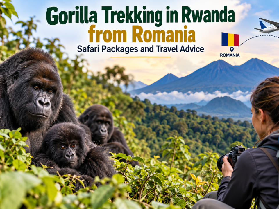 Gorilla trekking in Rwanda from Romania featuring mountain gorillas in Volcanoes National Park, with safari packages by Zamunda Travels.