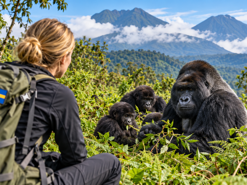 Swedish tourist observing mountain gorillas in Volcanoes National Park, Rwanda, during a gorilla trekking safari.
