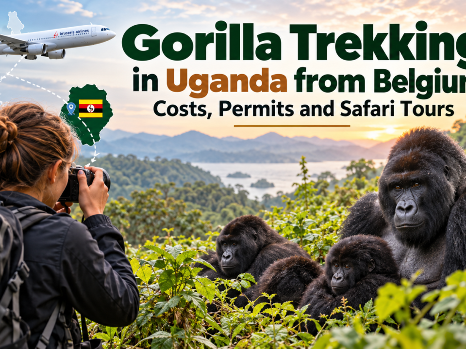 Gorilla trekking in Uganda from Belgium featuring mountain gorillas in Bwindi Impenetrable National Park and a Belgian tourist on safari.