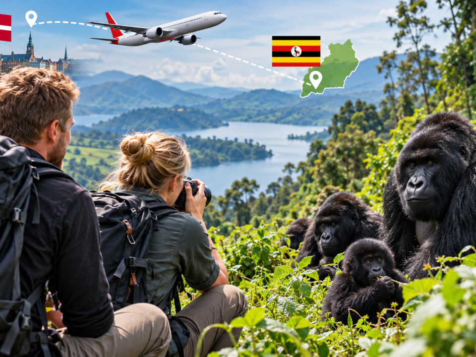 Mountain gorillas in Uganda with Danish tourists on a gorilla trekking safari in Bwindi Impenetrable National Park.