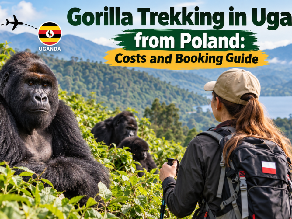Mountain gorillas in Uganda's Bwindi rainforest with a Polish tourist on a gorilla trekking safari.