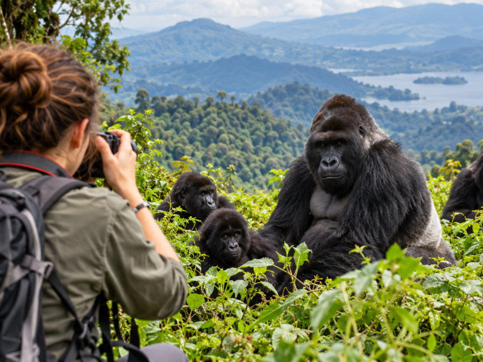 Romanian tourist photographing mountain gorillas during a gorilla trekking safari in Uganda