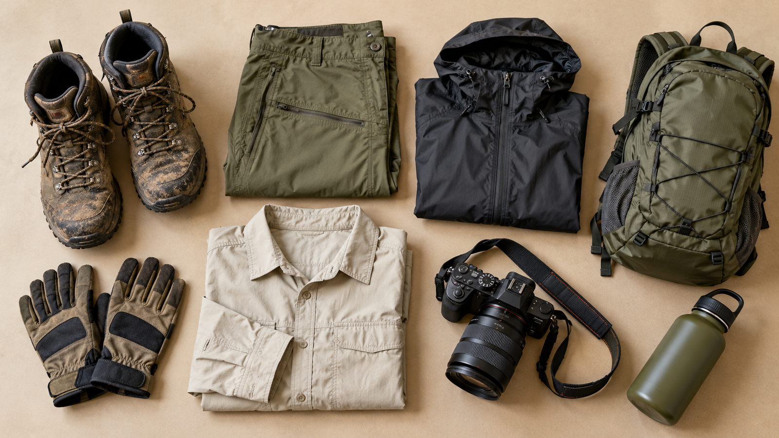 Hiking boots, trousers, rain jacket, gloves, backpack, camera, and water bottle arranged flat.
