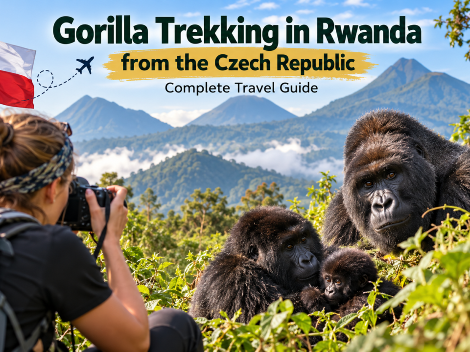 Gorilla trekking in Rwanda from the Czech Republic featuring mountain gorillas, a wildlife photographer, and the Virunga Mountains.
