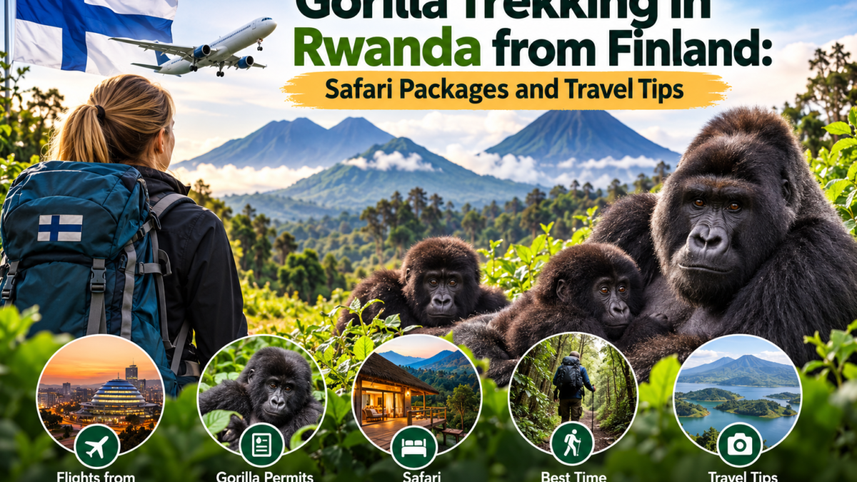 Gorilla trekking in Rwanda from Finland with mountain gorillas, Volcanoes National Park, and safari travel packages by Zamunda Travels.