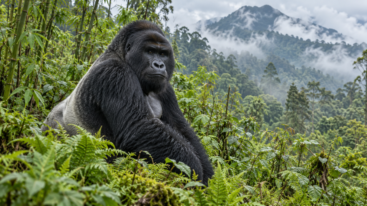 Silverback mountain gorilla sitting among green forest vegetation with misty mountains behind.