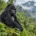 Silverback mountain gorilla sitting among green forest vegetation with misty mountains behind.