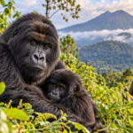 Mountain gorilla with baby in Rwanda's Volcanoes National Park during an African wildlife safari.