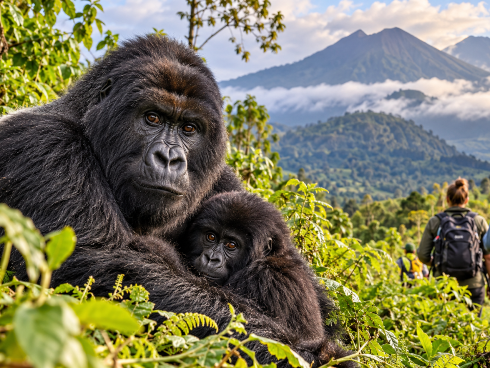 Mountain gorilla with baby in Rwanda's Volcanoes National Park during an African wildlife safari.