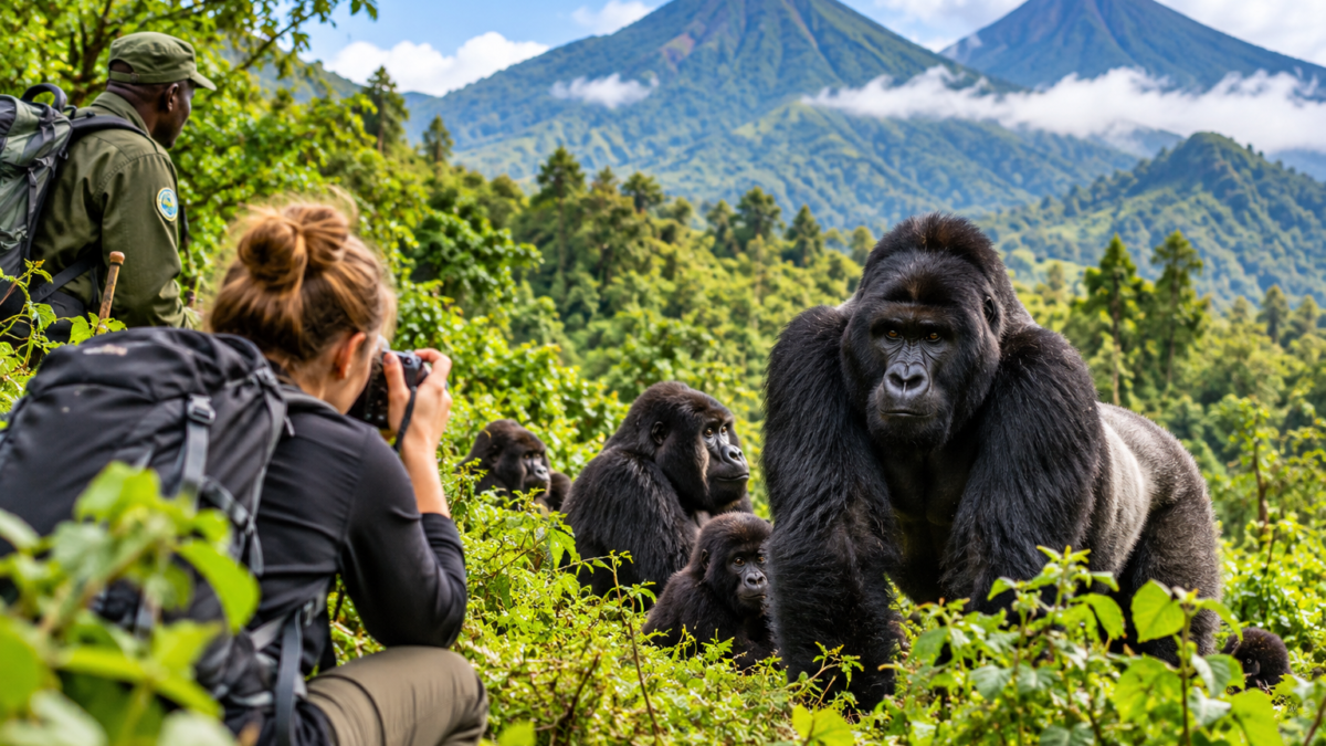 Dutch tourist photographing mountain gorillas in Volcanoes National Park, Rwanda, during a guided gorilla trekking safari.