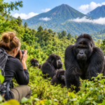 Dutch tourist photographing mountain gorillas in Volcanoes National Park, Rwanda, during a guided gorilla trekking safari.
