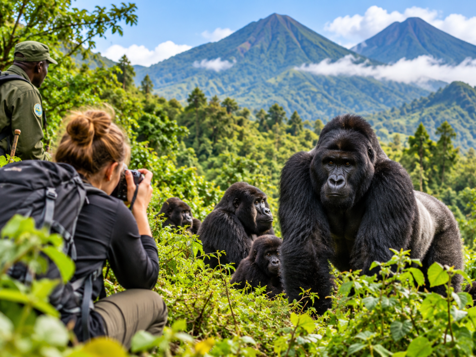 Dutch tourist photographing mountain gorillas in Volcanoes National Park, Rwanda, during a guided gorilla trekking safari.