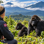 Norwegian tourist observing mountain gorillas in Volcanoes National Park, Rwanda, during a guided gorilla trekking safari.