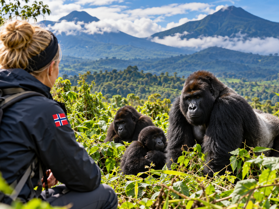 Norwegian tourist observing mountain gorillas in Volcanoes National Park, Rwanda, during a guided gorilla trekking safari.