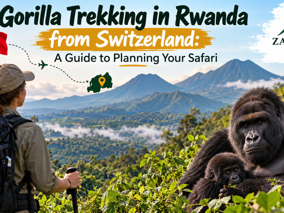 Gorilla trekking in Rwanda from Switzerland featuring mountain gorillas, a Swiss traveller, and the beautiful Virunga Mountains in Volcanoes National Park.