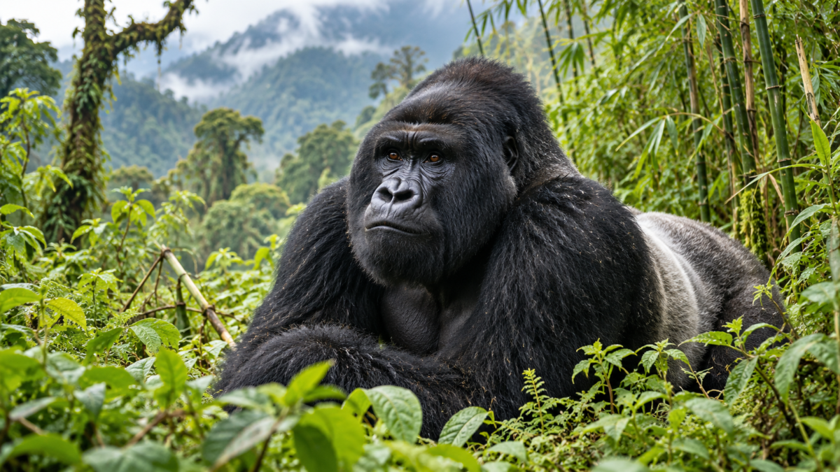 Silverback mountain gorilla resting among bamboo and green forest vegetation