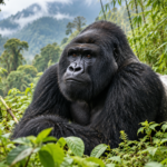 Silverback mountain gorilla resting among bamboo and green forest vegetation
