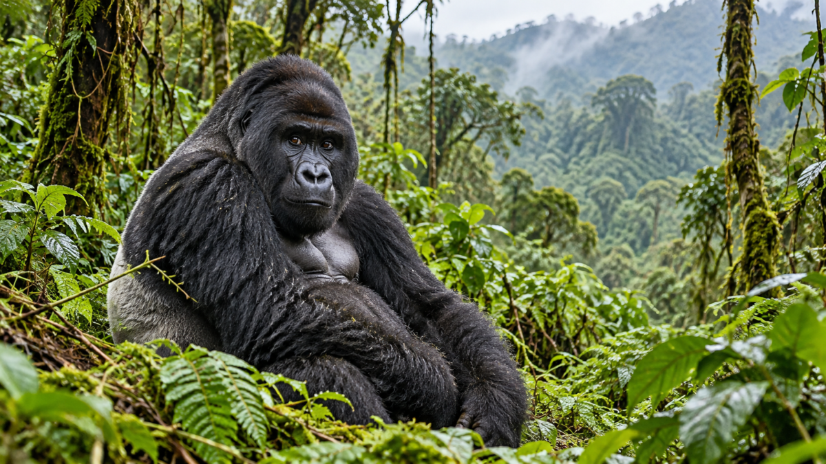 Silverback mountain gorilla sitting among ferns in a lush mountain rainforest.