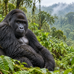 Silverback mountain gorilla sitting among ferns in a lush mountain rainforest.