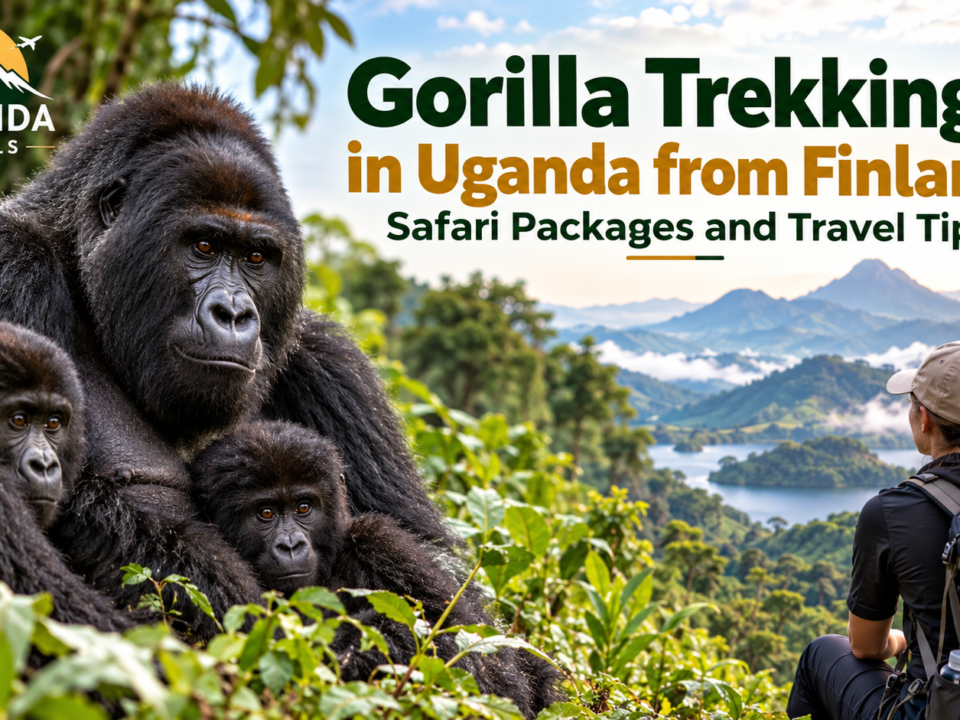 Gorilla trekking in Uganda from Finland with Zamunda Travels, featuring mountain gorillas and scenic landscapes