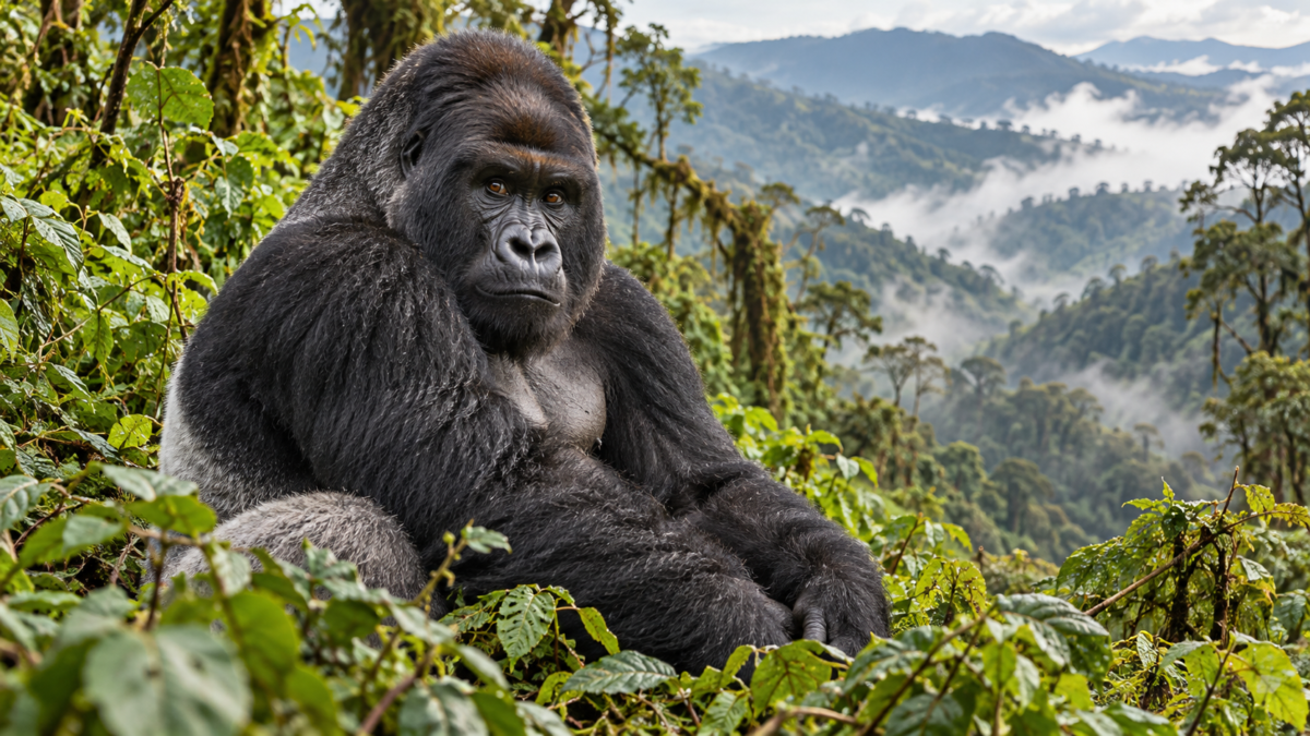 Silverback mountain gorilla seated among green leaves with misty forest hills behind.
