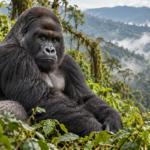 Silverback mountain gorilla seated among green leaves with misty forest hills behind.