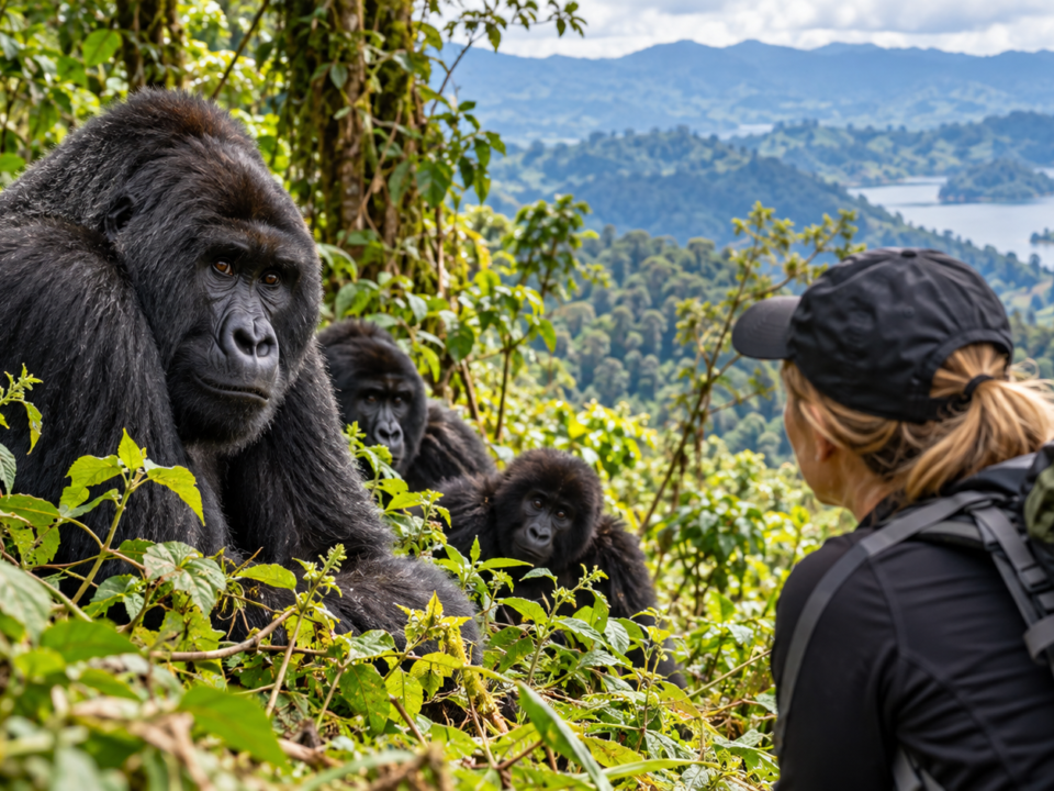 Norwegian tourist observing mountain gorillas during a gorilla trekking safari in Uganda